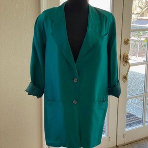 Women's 100% Silk Teal Blazer 2 Button & 3 Pockets Size 10/12 Petite